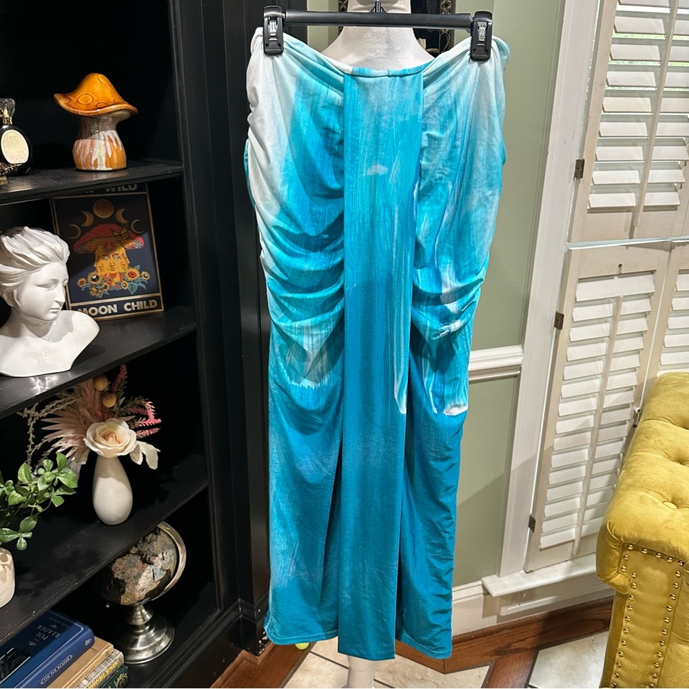 Farai London Blue Ombre Ruched Mesh Maxi Skirt Size Large
